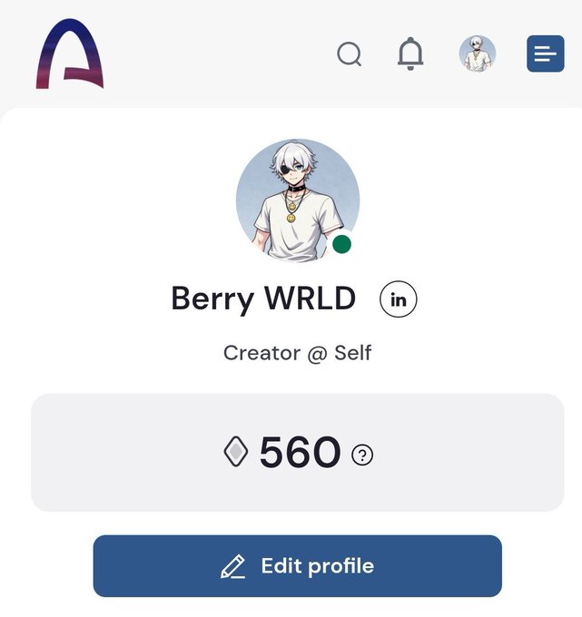 A profile screenshot for 'Berry WRLD' listing the user as a 'Creator @ Self' with a diamond balance of 560, featuring an anime-style avatar of a character with an eye patch.