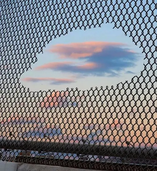 A sunset sky with pink clouds viewed through a chain-link fence that has a large hole shaped like a face or animal silhouette.