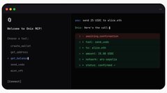 A dark-themed code editor window displaying a Python script for a "Data MCP" with code to retrieve HTTP data and execute commands.