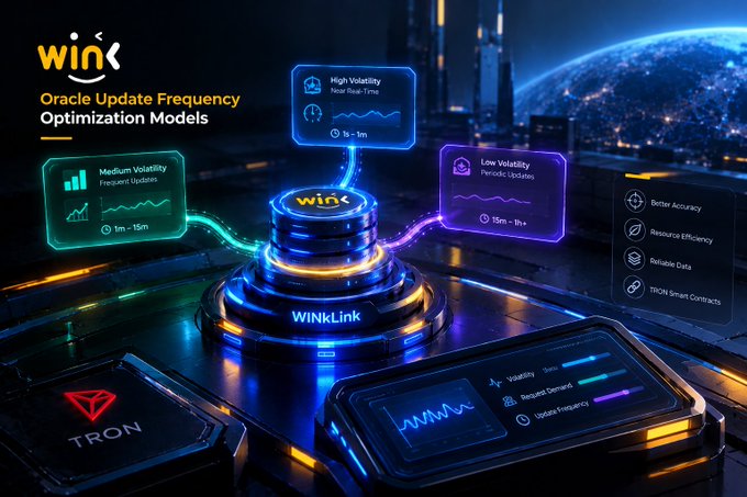 A promotional graphic for 'WINk' displaying 'Oracle Update Frequency Optimization Models' with a futuristic tech design and TRON branding.