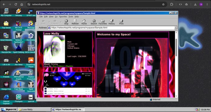 A retro-styled web browser window on a Windows XP desktop, displaying a MySpace-style profile page titled 'Love Melly' with early 2000s web design aesthetics.