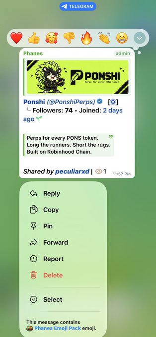 A Telegram chat screenshot showing a promotional post for the Ponshi memecoin (@PonshiPerps) on the Robinhood Chain, with reaction emojis and message action options visible.
