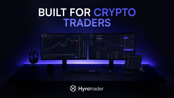 an advertisement reading "built for crypto traders" featuring a dual-monitor setup with a laptop, microphone, and keyboard, branded with the "hyrotrader" logo.