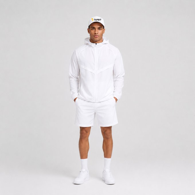 A male model wearing an all-white athletic outfit consisting of a hooded windbreaker, shorts, sneakers, and a white 'TAPOUT' branded cap, standing against a plain light gray background.