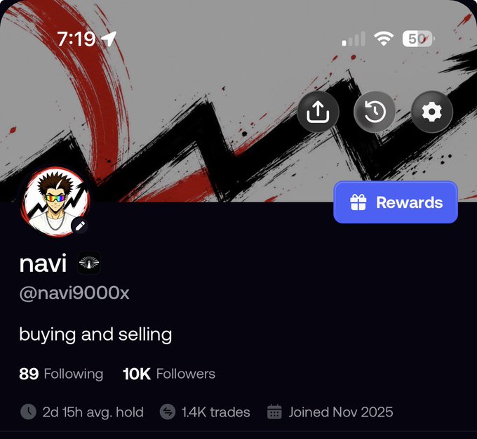 A social media profile screenshot for user "navi" (@navi9000x) with the bio "buying and selling", showing 89 following, 10K followers, and a custom black, white, and red brushstroke wallpaper.