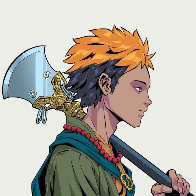 An anime-style illustration of a young man with spiky orange and dark blue hair in profile, carrying a large ornate axe over his shoulder while wearing a green hooded robe and red beaded necklace.