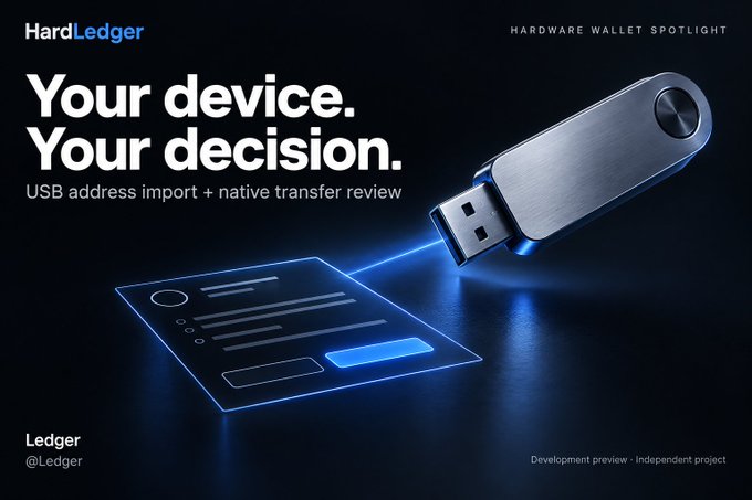 A promotional graphic for 'HardLedger' titled 'Your device. Your decision.' showcasing a USB hardware wallet with text indicating 'USB address import + native transfer review'.