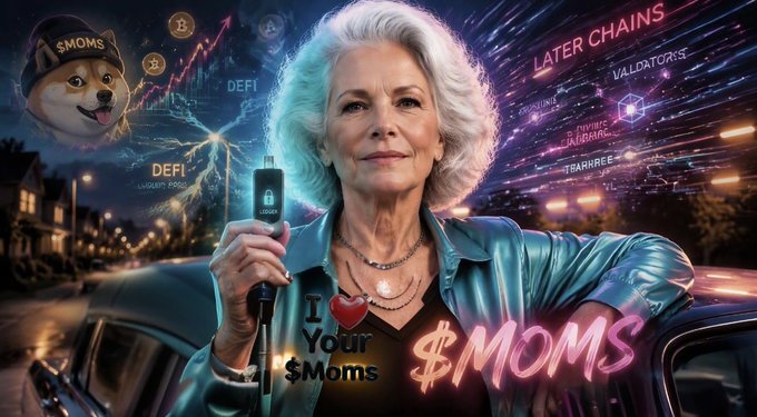 A digital artwork features an older woman with white hair holding a device, with a Shiba Inu dog wearing a "$MOMS" hat nearby, set against a vibrant background of crypto-themed text including "DEFI" and "LAYER CHAINS".