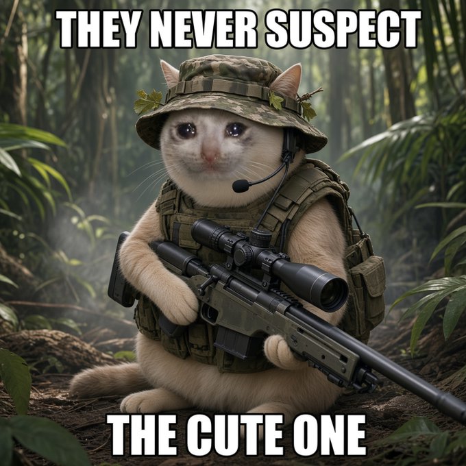 A meme image of a cat dressed in military camouflage gear with a sniper rifle and headset, captioned 'THEY NEVER SUSPECT THE CUTE ONE'.