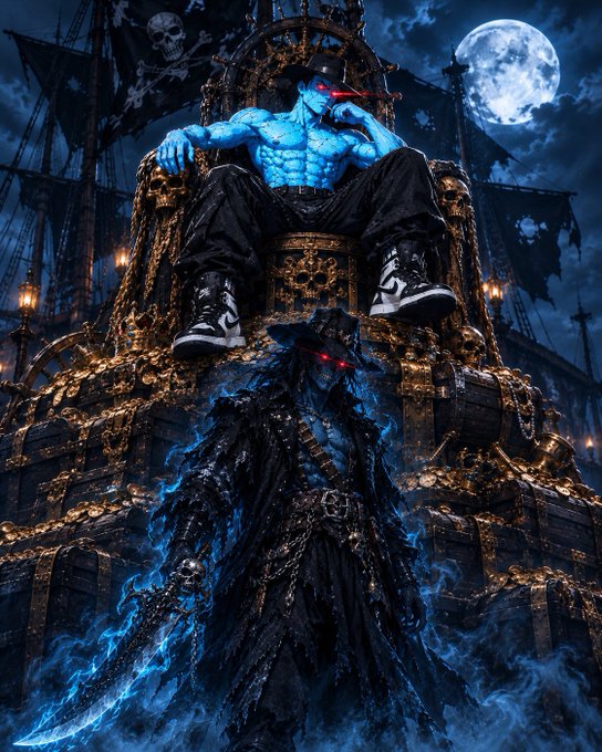 A dark fantasy digital artwork featuring a blue-skinned muscular figure in a top hat and black attire sitting on a golden throne made of treasure, with a shadowy hat-wearing figure below and a full moon over a pirate ship background.
