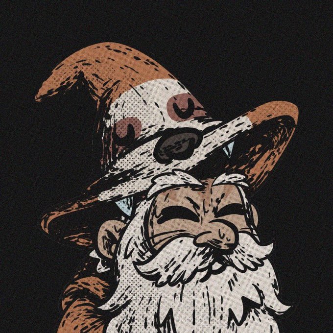 A stylized halftone illustration of a gnome or wizard character with a large white beard and a floppy brown pointed hat against a black background.