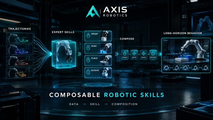 An infographic for 'AXIS ROBOTICS' illustrates 'COMPOSABLE ROBOTIC SKILLS' showing trajectories leading to expert skills (grasp, push, place, rotate) that compose into long-horizon behavior.