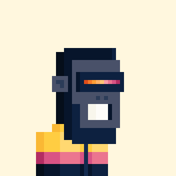 Pixel art of a character wearing a black helmet with a glowing red/pink visor and yellow jacket.
