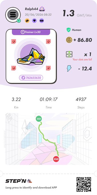 The image shows a purple screen displaying information about a fitness app called "StepN". The app provides step-by-step instructions for various exercises, including running and walking. It also offers a map of the city with directions to different locations, such as parks or trails. The app is designed to help users track their physical activities and stay motivated in their fitness journey.