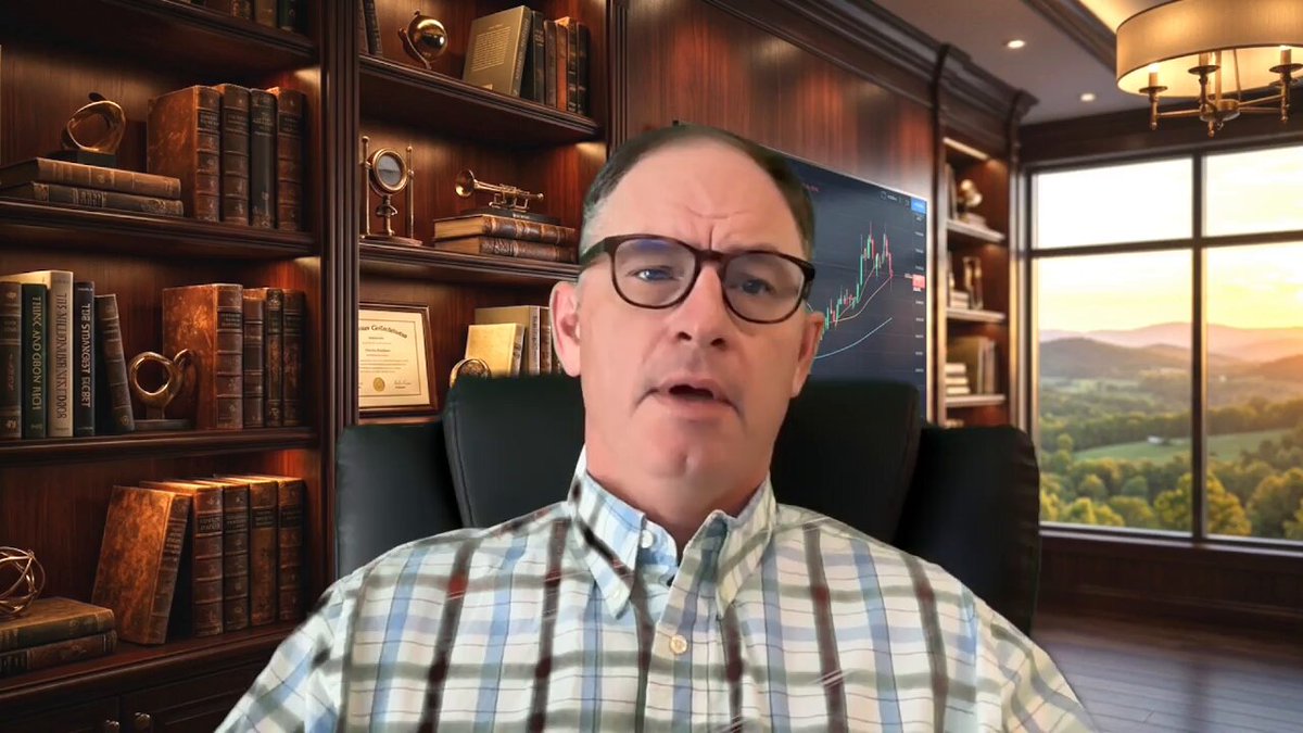 The image shows a man sitting in an office chair, wearing glasses and a plaid shirt. He appears to be giving a presentation or speaking at a conference call. The room has a window that offers a view of mountains outside, creating a serene atmosphere for the meeting. There are several bookshelves filled with various books around the room, suggesting a well-read environment.