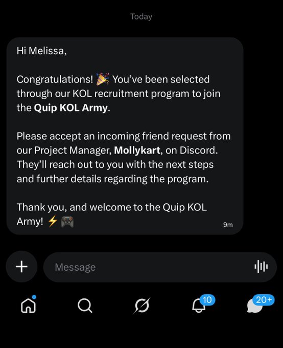 A screenshot of a Discord message from Mollykart on Quip's recruitment channel congratulating Melissa on being selected as a KOL for the Quip KOL Army program, aligning with her post about officially accepting the role with Quip.