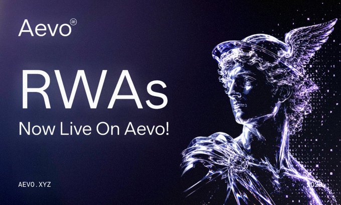 The image is a promotional graphic for Aevo with the headline "RWAs Now Live On Aevo!" displayed in white text on a purple background, alongside a digital sculpture of a classical statue figure wearing a winged helmet on the right side. The Aevo logo appears in the top left and "AEVO.XYZ" is noted in the bottom left, supporting the post's announcement that Real World Assets (RWAs) have been integrated into the Aevo trading platform alongside BTC, ETH perpetuals, and options.
