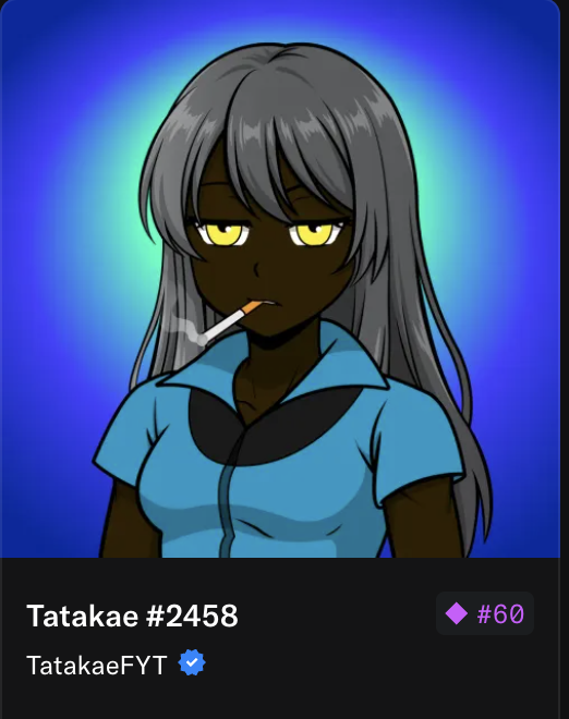 An anime-style digital illustration of a dark-skinned character with long gray hair, yellow eyes, and a cigarette in their mouth, wearing a blue shirt; below is text reading 'Tatakiae #2458' by 'TatakiaeFYT' with a verified checkmark and a pink diamond tag marked '#60'.