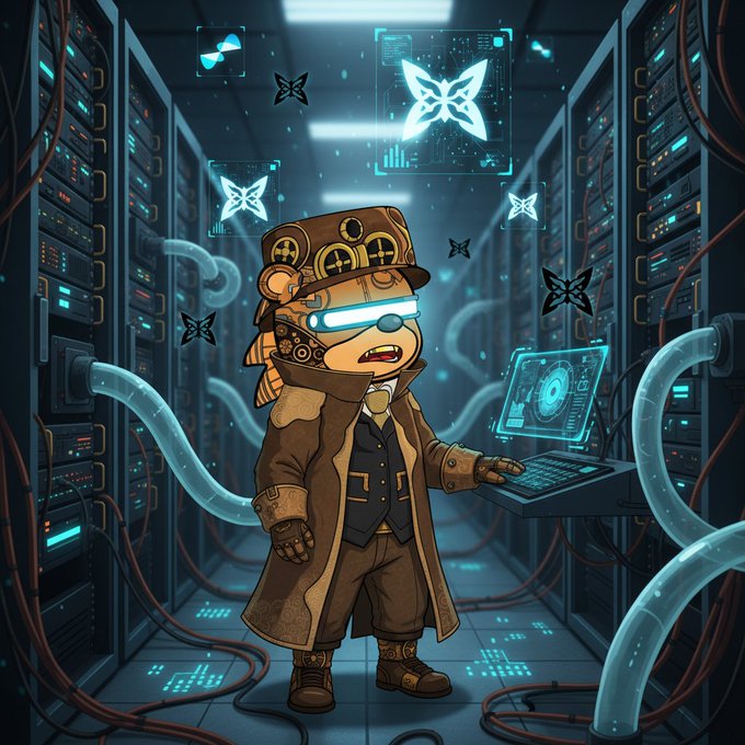 A steampunk-styled monkey character wearing a brown trench coat and a glowing blue visor stands in a server room filled with holographic butterflies and data streams.