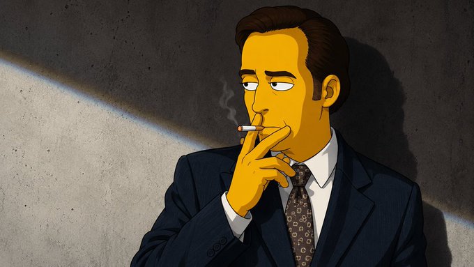 A cartoon man in a suit smokes a cigarette with a tired, resigned expression, capturing the weary mood of someone who spent their last $2 on the $ANSEM meme coin only to watch it plummet to $0.69, feeling disillusioned as the hype fades.