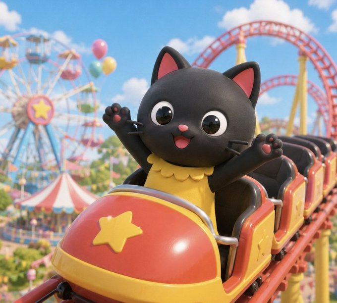 3D-rendered illustration of a black cat character riding a yellow and red roller coaster with its paws raised, set in an amusement park with a Ferris wheel in the background.