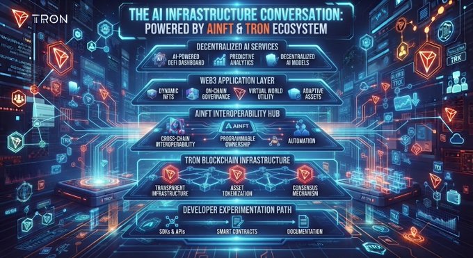 A futuristic blue-toned infographic titled 'THE AI INFRASTRUCTURE CONVERSATION: POWERED BY AINFT & TRON ECOSYSTEM,' showing a layered pyramid diagram of AI services, Web3 application layers, AINFT interoperability hub, TRON blockchain infrastructure, and developer experimentation path with TRON logos.