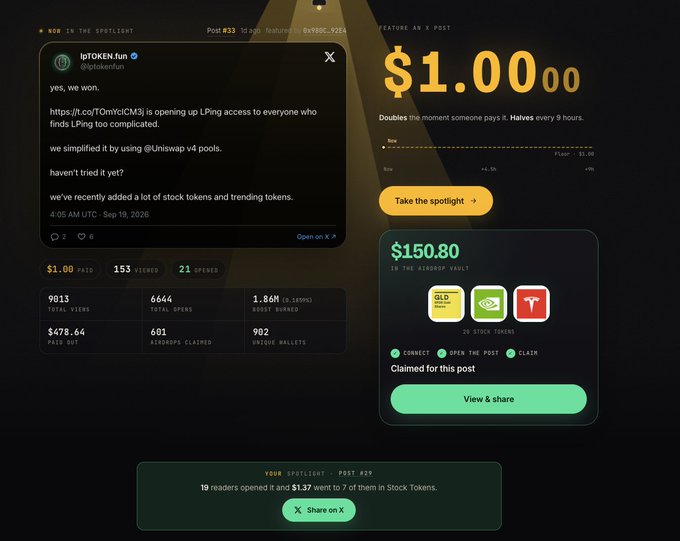 A dark-themed web interface showing a post from 'IpTOKEN.fun' about LPing access, with engagement metrics ($1.00 paid, 153 stickers) and a section displaying '$150.80 TO THE AIRDROP VAULT' with buttons to 'View & share' and 'Take the spotlight'.