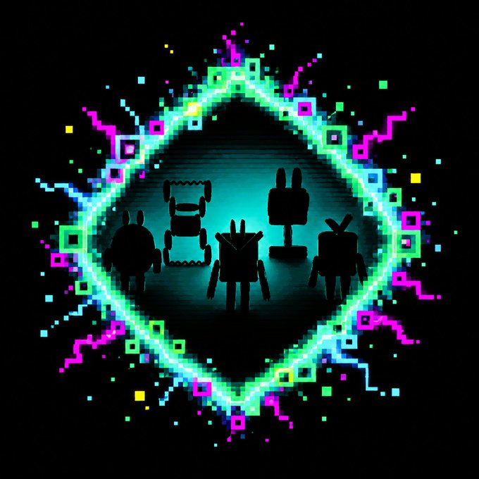 Glitchy neon diamond/portal illustration with silhouettes of rabbit-eared and robot figures inside against a black background with colorful pixel artifacts.