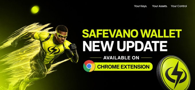 The image is a promotional banner featuring a superhero character in a yellow and black costume sprinting forward, with the text "SAFEVANO WALLET NEW UPDATE AVAILABLE ON CHROME EXTENSION" and the tagline "Your Keys. Your Assets. Your Control." It visually supports the announcement of the new Safevano Wallet Chrome extension update.