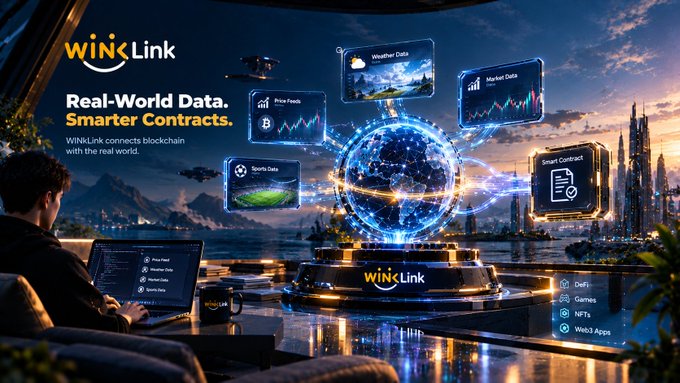 A promotional banner for "WinLink" with the tagline "Real-World Data. Smarter Contracts," depicting a person at a computer connected to a glowing blockchain globe showing data panels for Weather, Market Data, Price Feeds, Sports Data, and Smart Contracts.