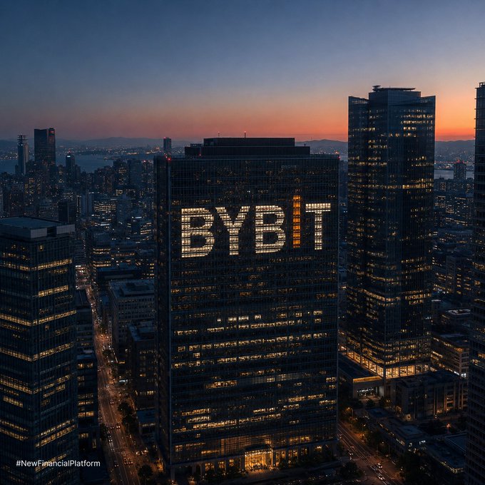 An aerial cityscape at dusk shows a tall skyscraper with 'BYBIT' illuminated in large letters across its windows, accompanied by the hashtag '#NewFinancialPlatform' in the corner.