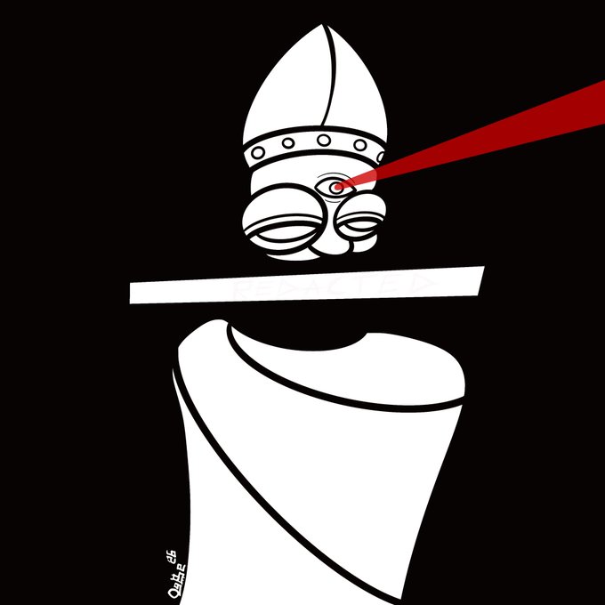A minimalist black and white illustration of a bishop-like figure wearing a mitre, featuring a glowing red eye that projects a red beam of light, with the text 'Qata_es' in the bottom left corner.