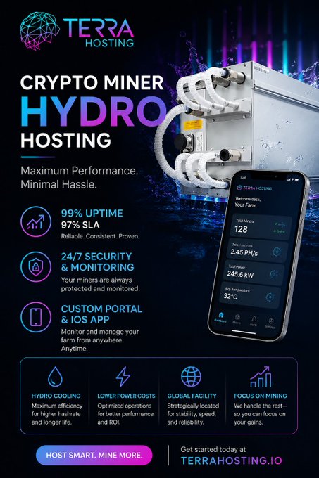 The image features an advertisement for a cryptocurrency mining company called Terra Hosting. In the center of the poster, there's a cell phone with a large screen displaying information about their hydro-powered hosting solution. On the right side of the poster, you can see text and icons related to the Bitcoin mining process. A payment link is also provided in the bottom left corner.