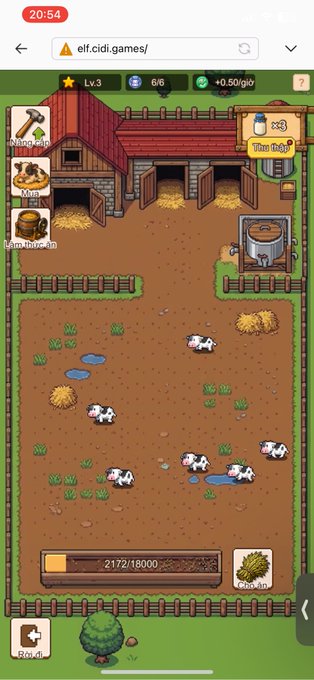 A screenshot of the mobile game "elf.cidi.games/" showing a pixel art farm scene with a barn, cows, and resource counters, with the player at Level 3.