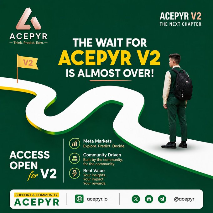 A green promotional poster announces 'ACEPYR V2 - THE NEXT CHAPTER' with the tagline 'THE WAIT FOR ACEPYR V2 IS ALMOST OVER!' and lists features like 'Meta Markets', 'Community Driven', and 'Real Value'.