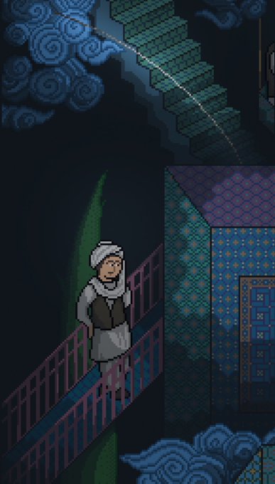 A pixel art game scene shows a turban-wearing character standing on a balcony overlooking a starry, nighttime architectural setting with cloud motifs. The detailed artwork appears to be an entry for a game development competition, showcasing the creator's pixel art skills.