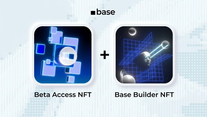 The image features a white square with blue squares, which are arranged in a grid-like pattern. The text "in all the $BASE talks i also saw mentions of official @base NFTs, so a little clarity Beta Access NFT - 188k holders → awarded to Base App beta testers Base Builder NFT - 252k holders → minted on Base Mainnet launch day". This image is related to the post because it contains information about the "Base" and "Base App" in the context of the discussion.