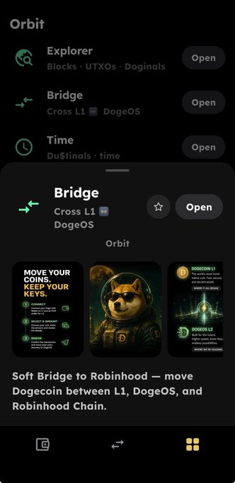 A mobile app interface showing the Orbit application menu with options including 'Explorer', 'Bridge', and 'Time', with a detailed view of the 'Bridge' option for crossing L1 to DogeOS.