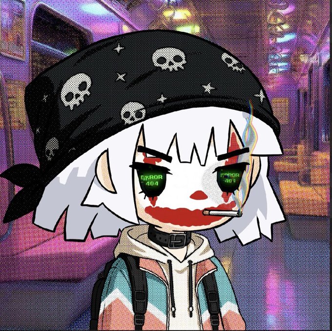 An animated cartoon character with white hair, a black skull-patterned bandana, glowing green eyes with 'ERROR 404' and 'ERROR 401' text, and a cigarette sits against a neon-lit city background.