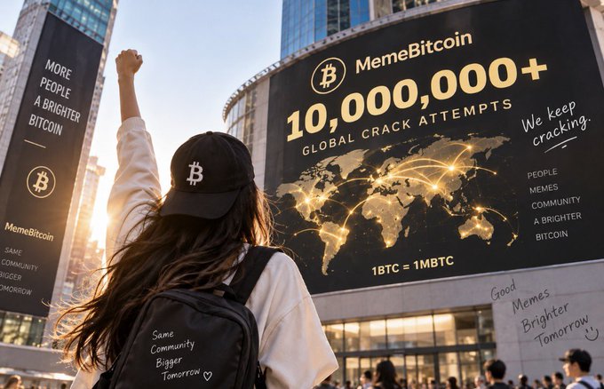 A person wearing a Bitcoin cap and a backpack reading 'Same Community Bigger Tomorrow' raises a fist in front of a billboard advertising 'MemeBitcoin 10,000,000+ Global Crack Attempts' with a world map showing connections and the slogan 'We keep cracking,' promoting '1BTC = 1MBTC.'