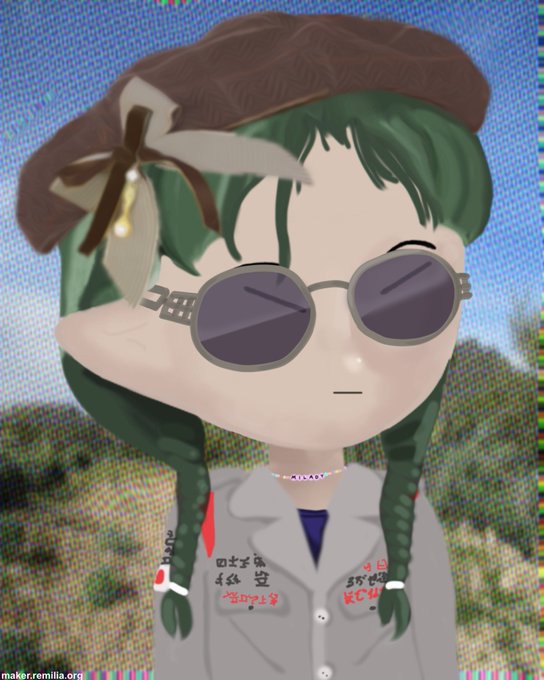 A 3D-rendered character with green hair in braids, wearing a brown beret, round sunglasses, and a gray collared shirt, set against a pixelated landscape background.