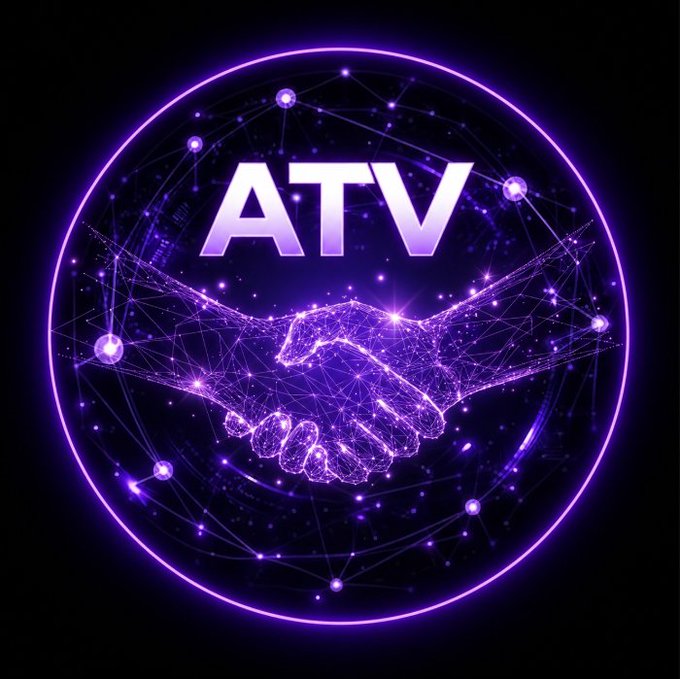 A glowing purple neon logo featuring a digital handshake within a network sphere, displaying the text "ATV" prominently to represent ATV Interlink's role in bringing transparency and real transaction data to the $ITL ecosystem.