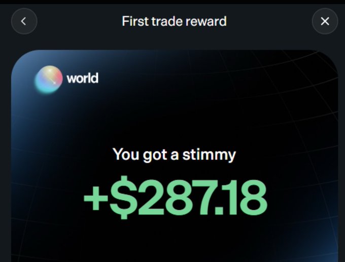 Mobile app notification showing 'First trade reward' from 'world' stating 'You got a stimmy' with '+ $287.18' in green text.