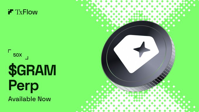 The image features a coin design that says "$GRAM Perp" which is listed by Tx Flow. This suggests that there might be an exchange of some sort related to the $GRAM Perp, possibly involving cryptocurrency or tokens. The text on the screen indicates that the post is about trading Perp for a dollar, and it is available now. In the image itself, there are details about this coin or token being offered by Tx Flow, providing information like its name, denomination, price, and how to trade with leverage. It might be an opportunity for users of the $GRAM Perp token to make gains through trading.