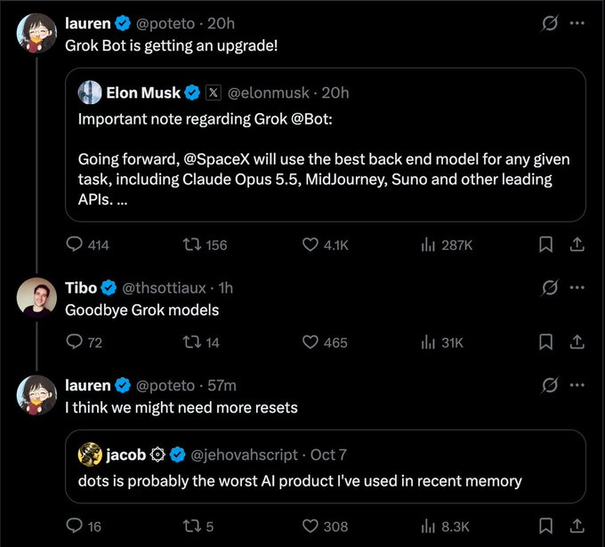 A screenshot of an X (Twitter) thread discussing Elon Musk's announcement that Grok Bot will use various leading AI models like Claude Opus 5.5 and MidJourney, with users commenting on the changes.