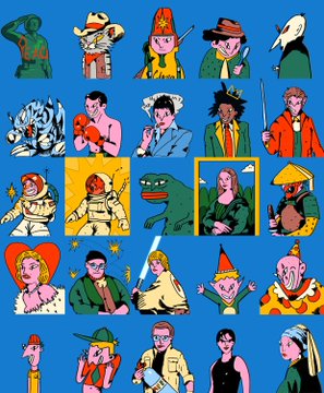 A blue background displaying a grid of various illustrated cartoon characters, including robots, monsters, cowboys, and people in costumes.
