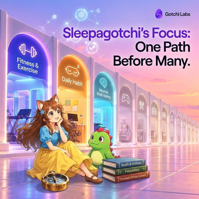 An anime-style illustration by Gotchi Labs titled 'Sleepagotchi's Focus: One Path Before Many,' depicting a girl sitting with a green dinosaur-like creature next to books on Health & Wellness, Foundation, and Demand-Driven Growth, in front of archways labeled 'Fitness & Exercise,' 'Daily Habit,' and 'Mental Well-being.'