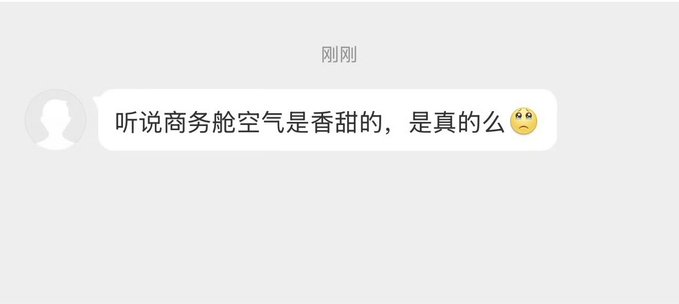 A chat screenshot showing a message in Chinese that translates to 'I heard that the air in business class is sweet, is that true?' accompanied by a sad/dizzy emoji.