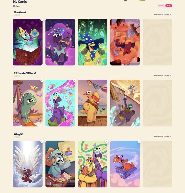 The image displays a digital card collection titled "My Cards" featuring three sets—"Side Quest," "All Hands Off Deck!," and "Wing It"—with colorful dinosaur and dragon illustrations. Each set shows 4 owned cards (marked with quantities like 2, 3, or 4) and one empty slot for a missing card, aligning with the post about buying more packs and seeking trades for 3 remaining epic cards.