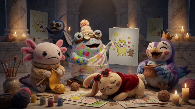 A whimsical scene shows axolotl and bird characters painting colorful monster artwork in a candle-lit hall, with the word "VOZA" visible on the left canvas. The image relates to the post's promotion of creator allowlist spots by showcasing the creative, artistic community being invited to join.